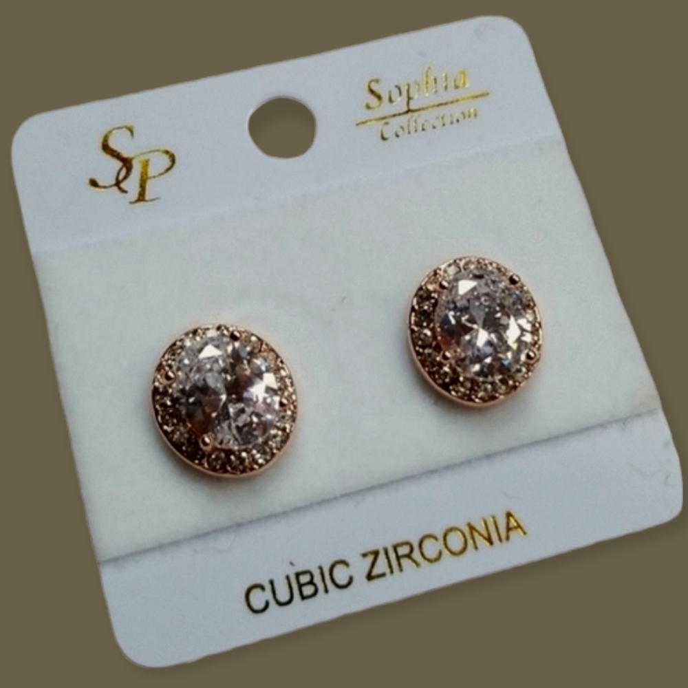 Cubic Zirconia Rose Gold Post Back Oval Earrings For Pierced Ears - Picture 1 of 12